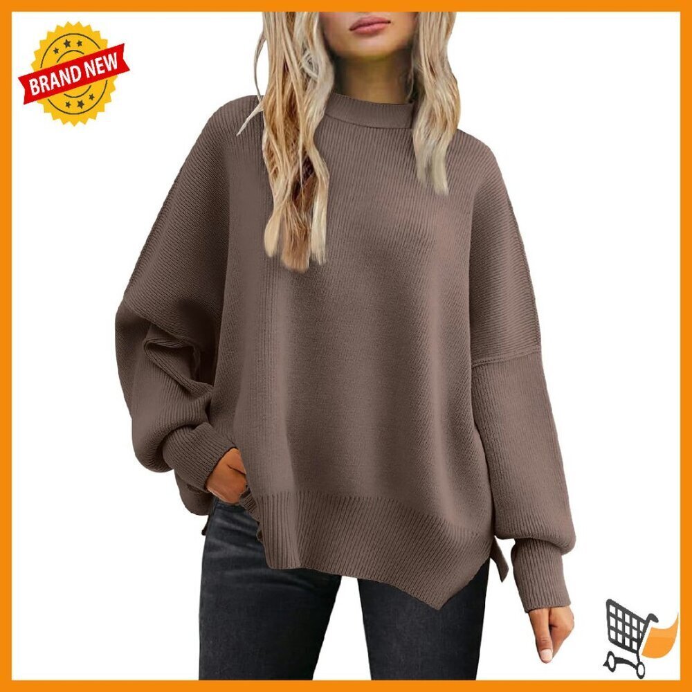 Oversized Batwing Sweater Crewneck Side Slit Pullover Cozy Fall Winter